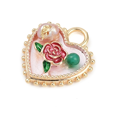 Brass Enamel & Natural Pearl Heart with Rose Flower Pendants KK-K351-49G-01-1
