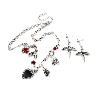Halloween Tibetan Style Alloy Pendant Necklaces & Dangle Stud Earring Sets SJEW-P006-01AS-1