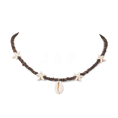Summer Beach Synthetic Turquoise Starfish & Natural Cowrie Shell Pendant Necklaces NJEW-JN05207-1