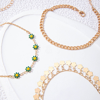 Alloy Green Enamel Flower Tassel 3 Layer Anklets for Women FS-WG5D6F4-01-1
