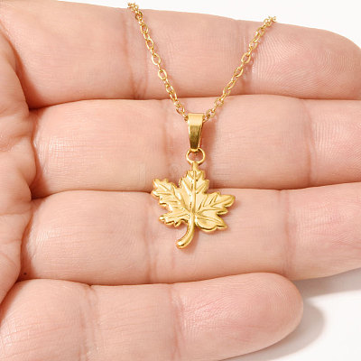304 Stainless Steel Maple Leaf Pendant Necklaces for Women WG7180D-02-1