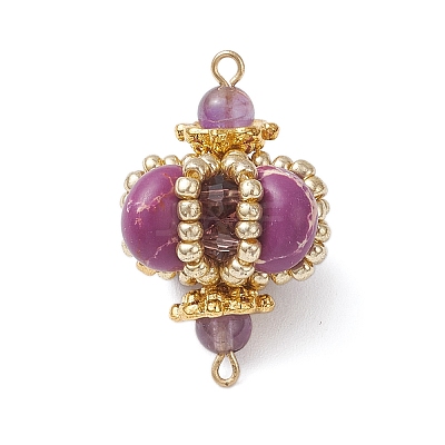 Dyed Synthetic Imperial Jasper & Handmade Glass Seed Beaded Rhombus Connector Charms PALLOY-MZ00960-05-1