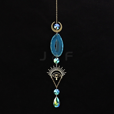 Natural Agate Piece & Metal Evil Eye Moon Hanging Ornaments PW-WG66301-07-1