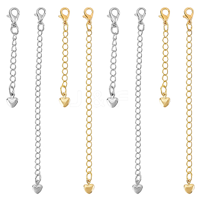 8Pcs 4 Styles Brass Chain Extender with Heart Charms and Lobster Claw Clasp FIND-ME0002-41-1