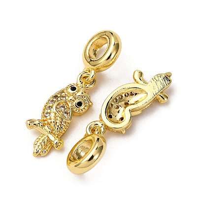 Brass Pave Clear and Black Cubic Zirconia Owl European Dangle Charms KK-A265-09B-G-1