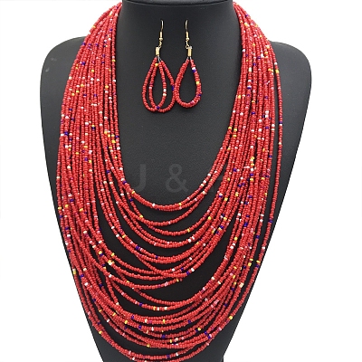 Ethnic Style Acrylic Seed Beaded Multilayer Necklaces & Teardrop Dangle Earrings Sets WGF31E6-03-1