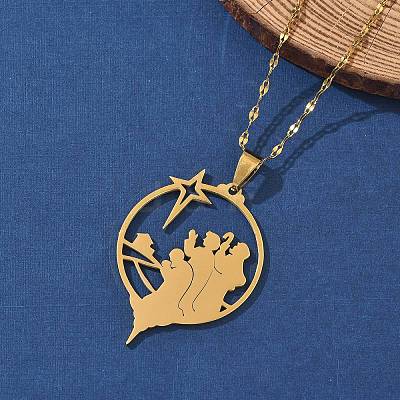 201 Stainless Steel Hollow Star with Prayer Pendant Necklaces for Ramadan & Eid Mubarak NJEW-D318-04G-1