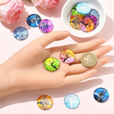 15Pcs Half Round with Tree Pattern Glass Flatback Cabochons for DIY Projects GGLA-YW0001-20-1