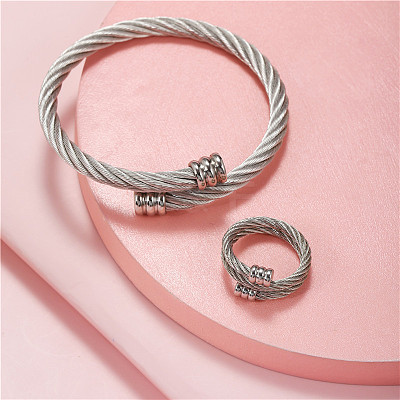 Stainless Steel Wire Twist Bangles & Cuff Rings Sets FS-WG3AC7D-02-1