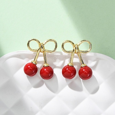 Cherry Brass ABS Plastic Pearl Stud Earrings EJEW-U062-03G-02-1
