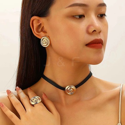Spiral Round Alloy with Imitation Leather Choker & Stud Earring & Ring Sets for Women FS-WG641D5-05-1