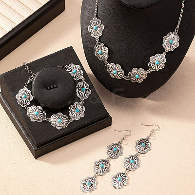 Oval Alloy & Synthetic Turquoise Pendant Necklaces & Dangle Earrings & Link Bracelets Sets FS-WGAAC5F-01-1