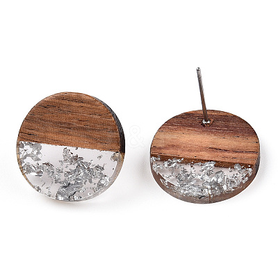 Resin & Walnut Wood Flat Round Stud Earrings with 304 Stainless Steel Pin for Women EJEW-TADZ0001-01S-1