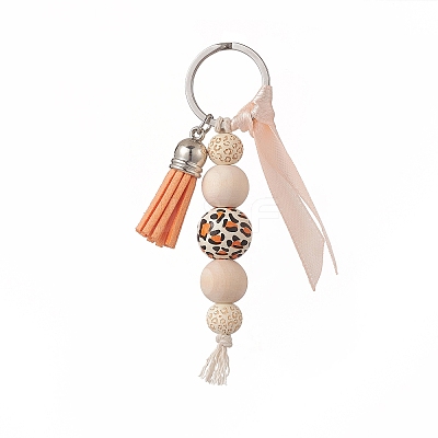 Cube & Round & Octagon Wooden Beaded Pendant Keychain KEYC-JKC00462-1