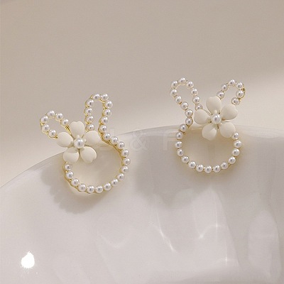 Alloy Imitation Pearl Plastic Rabbit & Flower Stud Earrings for Women WGC2AFB-01-1