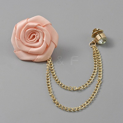 Polyester Rose Flower Hanging Chain Brooch with Crystal Rhinestone JEWB-WH0028-25D-1