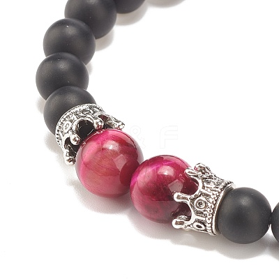 Natural Frosted Dyed & Heated Black Agate & Tiger Eye Braided Bead Bracelet with Alloy Crown BJEW-JB08249-03-1