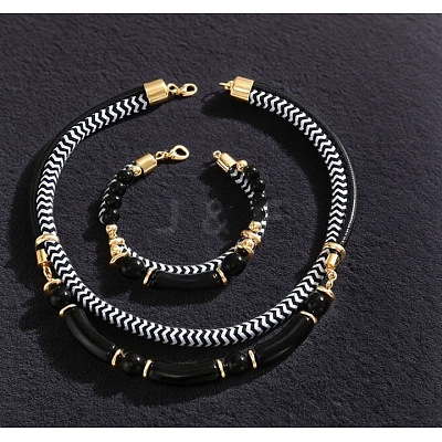 Alloy Polyester Black White Necklace & Bracelet Set FS-WG59022-03-1