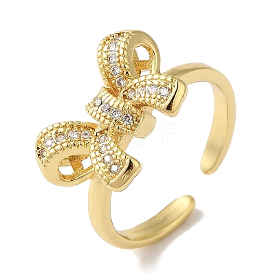 Bowknot Brass Micro Pave Clear Cubic Zirconia Open Cuff Rings for Women RJEW-C098-08G-1