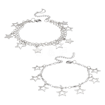 2Pcs 304 Stainless Steel Star Charm Bracelets BJEW-TADJ00003-1