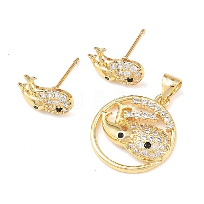Brass Micro Pave Cubic Zirconia Pendant & Stud Earrings Sets for Women SJEW-F227-01E-G-1