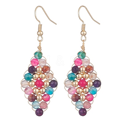 Natural Mixed Gemstone Beaded Rhombus Dangle Earrings EJEW-JE05264-1