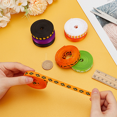 8Rolls 8 Colors Halloween Polyester Printed Grosgrain Ribbon OCOR-PH0004-26-1