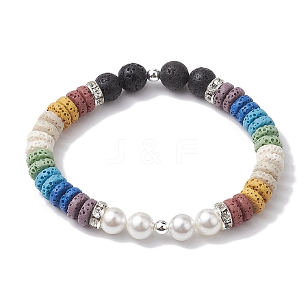 Disc 7-Color Natural Lava Rock & 8mm Round Shell Pearl Beaded Stretch Bracelets for Women Men BJEW-JB10330-02-1