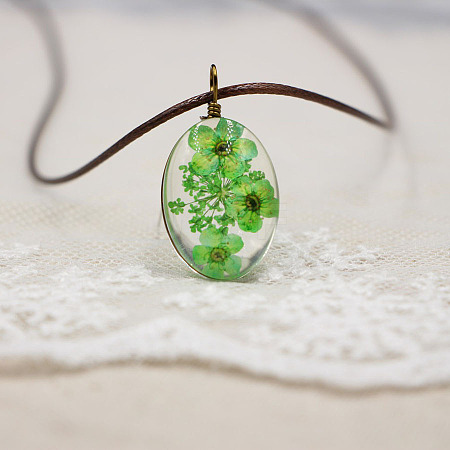Alloy Wire Wrapped Oval Glass Inner Dried Flower Pendant Waxed Cord Necklaces for Women FS-WG6B63C-06-1