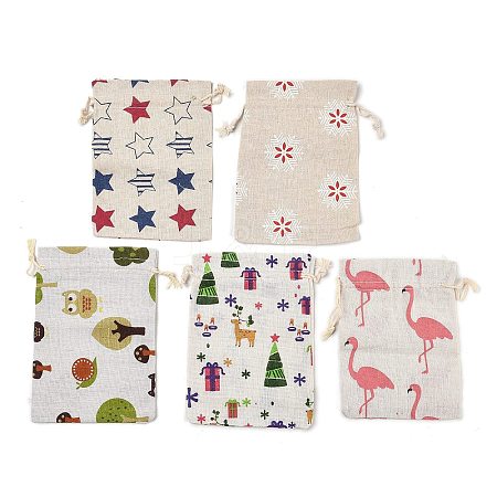 10Pcs 5 Styles Printed Polycotton(Polyester Cotton) Packing Pouches Drawstring Bags ABAG-YW0001-04-1