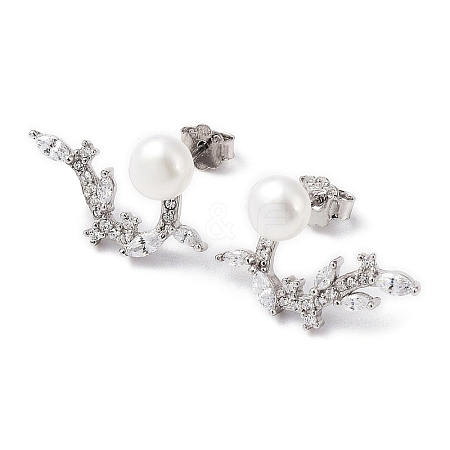 Anti-Tarnish Cubic Zirconia Leafy Branch with Natural Pearl Dangle Stud Earrings EJEW-F318-17P-1