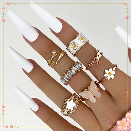 7Pcs Alloy & Acrylic & Rhinestone Enamel Finger Rings FS-WG81463-01-1