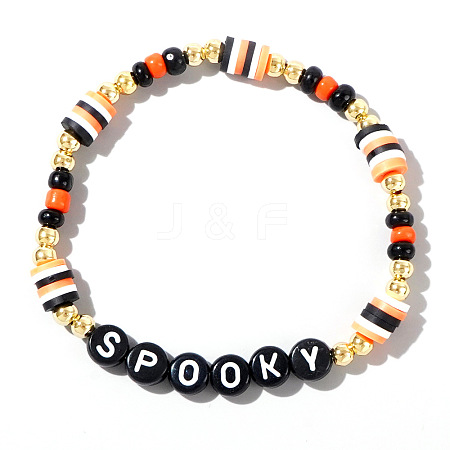 Adjustable Halloween Punk Style SPOOKY Polymer Clay & Brass Stretch Beaded Bracelets in Black XD4553-2-1