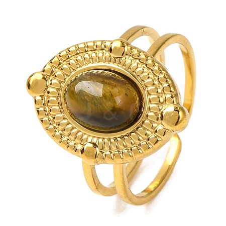 Oval Natural Tiger Eye Finger Rings RJEW-Q822-51G-01-1