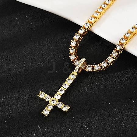 Alloy Full Crystal Rhinestone Christian Inverted Cross Pendant Necklaces NJEW-P333-01G-1