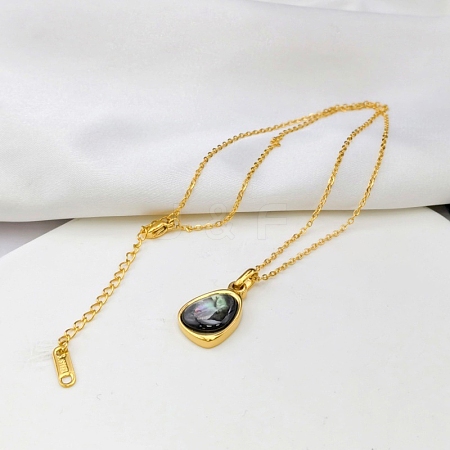 Natural Black Lip Shell 304 Stainless Steel Teardrop Pendant Necklaces for Women WGF5E8A-02-1