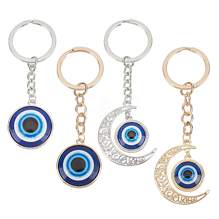 ARRICRAFT 4Pcs 4 Style Flat Round & Moon with Evil Eye Resin Pendant Keychains KEYC-AR0001-23-1