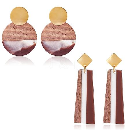 2 Pairs 2 Style Trapezoid & Flat Round Shape Resin & Walnut Wood Dangle Stud Earrings EJEW-SW00014-03-1