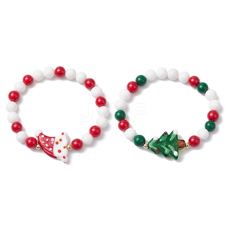 2Pcs Christmas Theme Natural Mashan Jade & Lawmwork Beads Stretch Bracelets for Women Men BJEW-JB11148-1