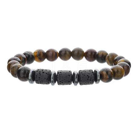 Round Natural Tiger Eye & Colunm Lava Rock & Synthetic Non-magnetic Hematite Stretch Beaded Bracelet for Women Men OR8380-1-1