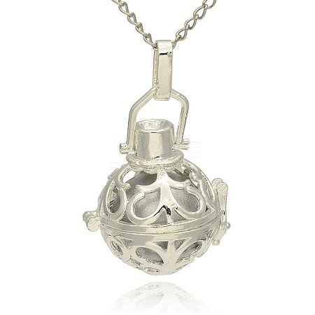 Silver Color Plated Brass Hollow Round Cage Pendants KK-J235-04S-1