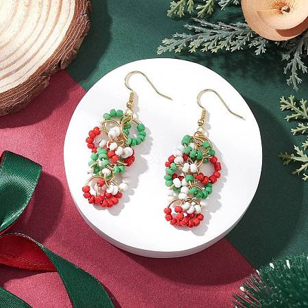 Christmas Brass Glass Chip Dangle Earrings EJEW-TA00724-1