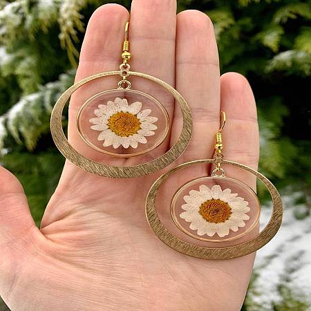Iron Resin Daisy Dried Flower Dangle Earrings FS-WG4FF56-03-1