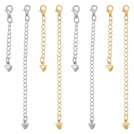 8Pcs 4 Styles Brass Chain Extender with Heart Charms and Lobster Claw Clasp FIND-ME0002-41-1