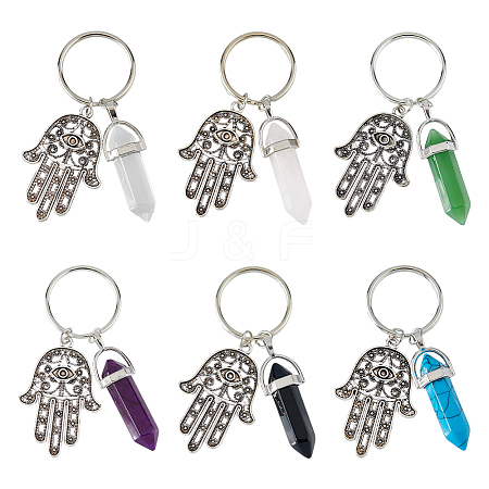 DICOSMETIC 6Pcs 6 Style Alloy Hamsa Hand/Hand of Miriam Pendant Keychain AJEW-DC0001-35-1