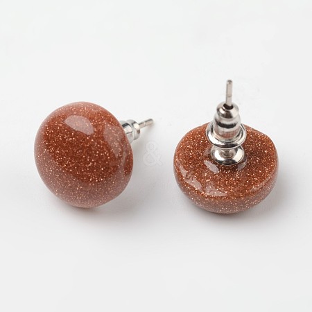 Half Round Dome Synthetic Goldstone Stud Earrings EJEW-L171-11-1