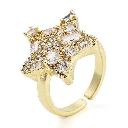 Rack Plating Brass Micro Pave Cubic Zirconia Star Open Cuff Rings for Women RJEW-C080-08G-1