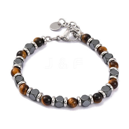 Natural Tiger Eye & Magnetic Synthetic Hematite Round Beaded Bracelet X-BJEW-P339-02P-03-1