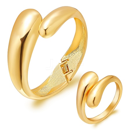 Brass Teardrop Open Cuff Rings & Open Cuff Bangles Jewelry Sets for Women SJEW-SZ0001-016G-1
