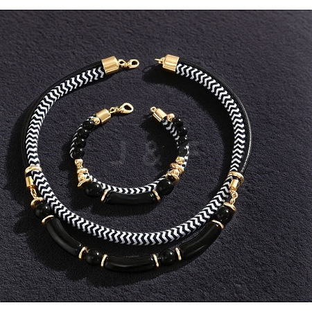 Alloy Polyester Black White Necklace & Bracelet Set FS-WG59022-03-1